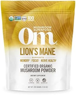Om Mushroom Superfood Lion's Mane Organic Mushroom Powder, 7.05 Ounce Pouch, 100 Servings, Fruit Body and Mycelium Nootropic for Memory Support, Focus, Clarity, Nerve Health, Creativity and Mood