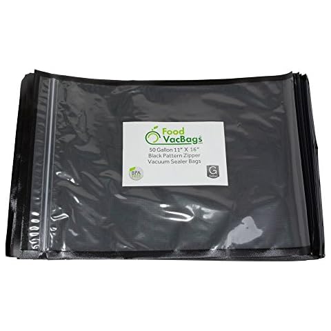 FoodVacBags 11" X 16" Zipper Gallon Bags, Black Back & Clear Front, 50 Count, Resealable, Precut Cover