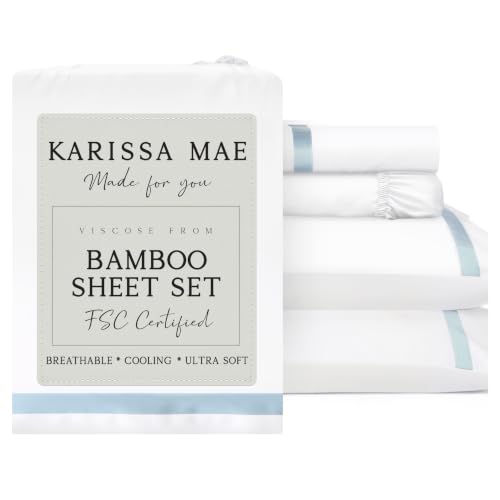 Image of KARISSA MAE Luxury Bamboo Viscose King Size Sheet Set | FSC Certified | Cooling | Ultra Soft | 18 inch Deep Pockets | Elastic Corner Straps | Includes Organizer Band [Signature Frame]