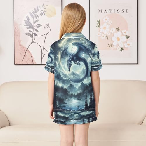 ALAZA Dragon Moon Tree Satin Pajamas Set Short Sleeve Button Down Sleepwear Summer Pjs 2 Piece4