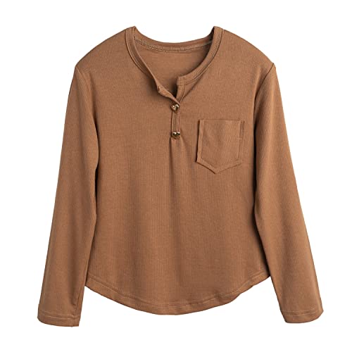 Rolanko Mädchen Langarm Top Shirts, Kinder Basic Schule Baumwolle Shirt Rundhalsausschnitt Stretch Fit für 6-15 Jahre, Braun, Größe: 150 Cover
