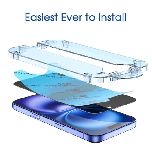 Image of amFilm OneTouch for iPhone 16 Plus Privacy Screen Protector 6.7'' 2024 | 30s Auto-Alignment, Bubble Free, Tempered Glass, 28 Anti Spy, Shatterproof, Camera Lens Protector 2+2 Pack (16-6.7'')