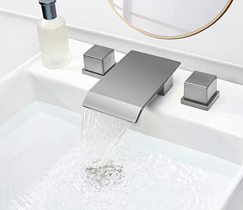 Pasutewel 3 Hole Double Square Handles Waterfall Bathroom Sink Faucet, Suitable for 8 Inches Widespread Basins Faucets, Solid Brass Valve (Brushed Nickel)