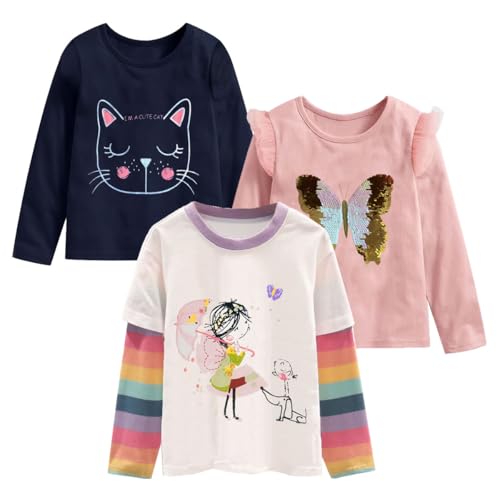 OROQENE Girls Long Sleeve Shirts and Tees 3 Pack Graphic Sequin Tops Girl Clothes 3T