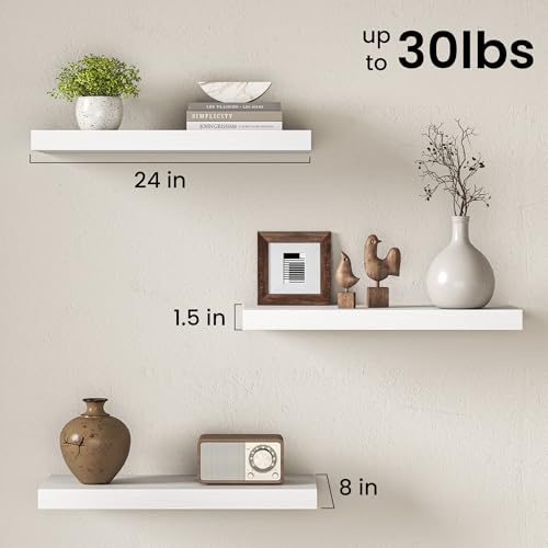 Image of Fun Memories 24Inch Floating Shelves for Wall, 8 Inch Deep Shelves for Bathroom|Bedroom|Kitchen Wall Mounted, Wood Hanging Shelf with Invisible Brackets for Home Storage Decor, White - 2 Pack