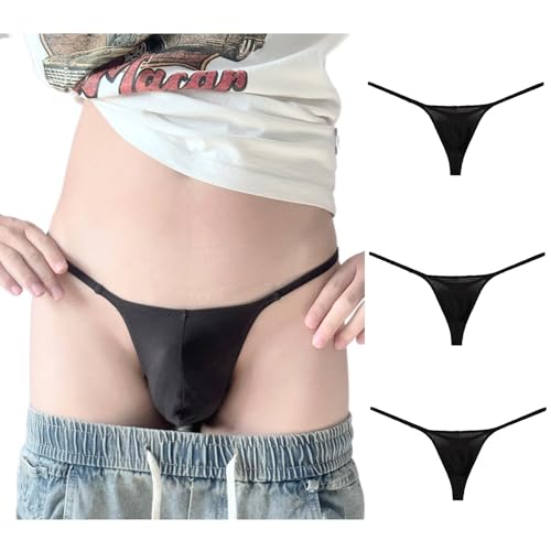 3 Pcs Men's Cotton Thongs - Sexy Outfits Sissy Seamless G-String Low Rise Bulge Contour Pouch Black/Black/Black(M-XXL)