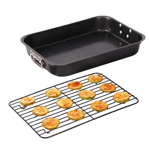 Teglia da forno profonda con rivestimento antiaderente, 39 x 28 x 5,7 cm, con griglia piatta, rettangolare, con rivestimento antiaderente, con bordo extra alto
