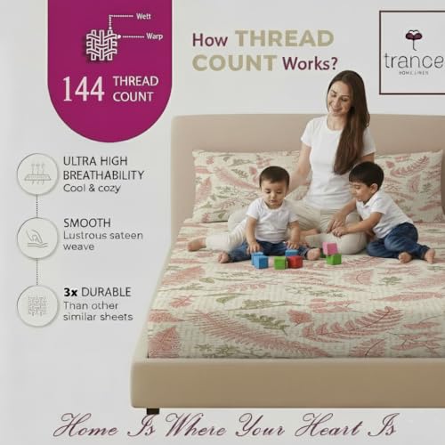 Image of Trance Home Linen 100% Cotton 144Tc Elastic Fitted Bedsheet | Printed Double Size Bed Elasticated Fitted Bedspread with 2 Pillow Covers (75X60 Inch, Foliage Peach), Queen