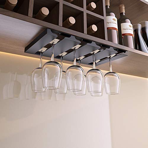 Simve Wine Glass Holder Under Shelf Or Cabinet, Stainless Steel 16.5 Inch Stemware Rack, Glassware Drying Hanger, Metal Hanging Organizer For Bar Restaurant, Matte Black, 4 Row #TOP1