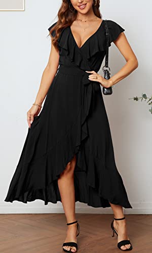 Image of Kormei Womens Sleeveless Ruffle V Neck High Low Party Long Maxi Dress with Belt M D16-Black