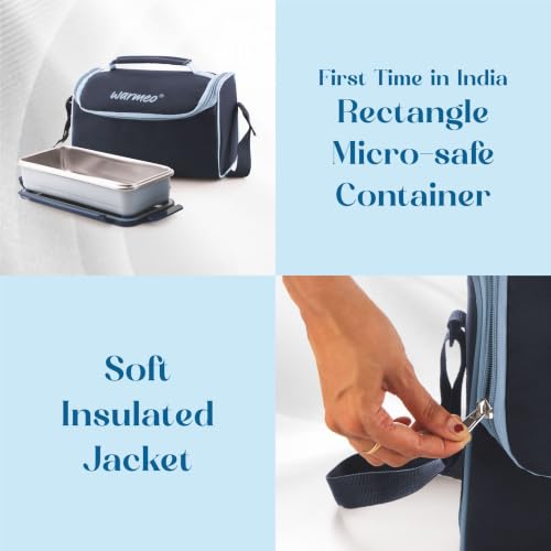 Image of WARMEO Micro Meal Microwave Safe Lunch Box | 1 Rectangular Container 600ml + 2 Round Container 350ml Each | BPA Free I Stylish Durable Jacket I Ideal for Office,School,Outdoor, Picnic,Blue