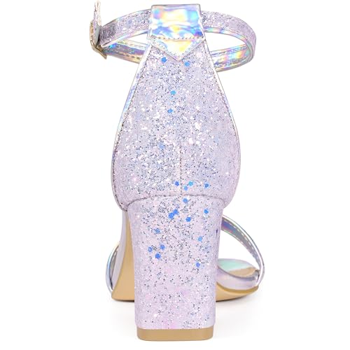 Allegra K Allegra K Women's Glitter Ankle Strap Chunky Heeled Light Purple Sandals 7.5 M US