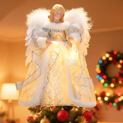 Jhua Angel Christmas Tree Topper with Lights, 32cm Angel Tree Topper with White Feather Wings, Lighted Tree Toppers Christmas Decorations Ornament for Indoor Home Holiday Decor (Silver Dress)