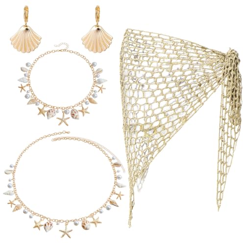 JeVenis Mermaid Costume Beach Accessories Jewelry Starfish Necklace Hair Clip for Women Seashells Starfish Pearl Summer Beach Gifts for Women
