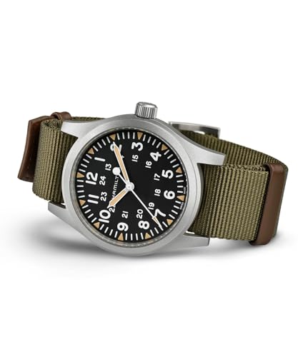 Image of Hamilton Khaki Field Mechanical Men's Watch, 42mm Stainless Steel Case, Swiss Made, Black Dial Analog Wrist Watch for Men, 50m Waterproof, Sapphire Crystal, Textile Strap