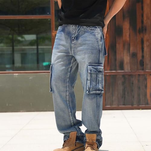 Mens Baggy Cargo Jeans Loose Fit Straight Leg Hip Hop Denim Workwear Pants with Pockets Casual 5