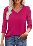 Womens 3/4 Sleeve Tops and Blouses V Neck Lace Sleeve Tunic Tops Hot Pink Valentines Day Shirts Women S