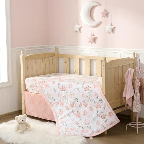 Image of Hahafelt 3 Pcs Pink Floral Baby Crib Bedding Set for Girls, Flower Baby Crib Sets for Newborn, Infant Toddler Nursery Bed Set Decor with Fitted Sheet, Dust Ruffle, Comforter