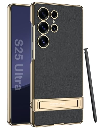 Image of BOUNCEBACK Electroplated Leatherette Back Case /Cover with Kick Stand for Samsung Galaxy S25 Ultra 5g - (Black | Faux Leather)