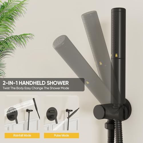Image of BESy Shower Faucet Fixtures Set for Bathroom, 10 & 6 In Round Dual Rain Shower Head, Ceiling & Wall Mounted Rainfall Shower System, Push Button Diverter Shower Valve with 2 in 1 Handheld, Matte Black