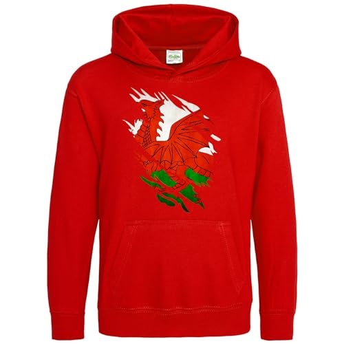 Image of Purple Print House Wales Torn Badge Kids Hoodie Rugby Welsh Boy Girl Hoody Cymru Supporters Football Hooded Top, 3-4 Years, Red