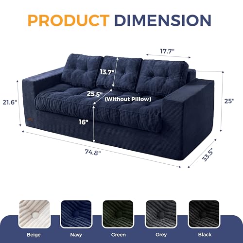Image of MAXYOYO Loveseat Sofa Couch, Upholstered Bean Bag Chair Cloud Seat for Adults, Boneless Couch with Cushion & Pillows, Sofa in A Box, No Assembly Required, Corded Navy, 3-Seat