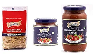 Combo Pack of Penne Pasta 500g, Tomato Basil Sauce 200g & 400g I Italian 100% Durum Wheat Pasta & Sauce Combo I Non-GMO I Gluten Free l Vegan and Natural Ingredients l Made with Fresh Tomatoes
