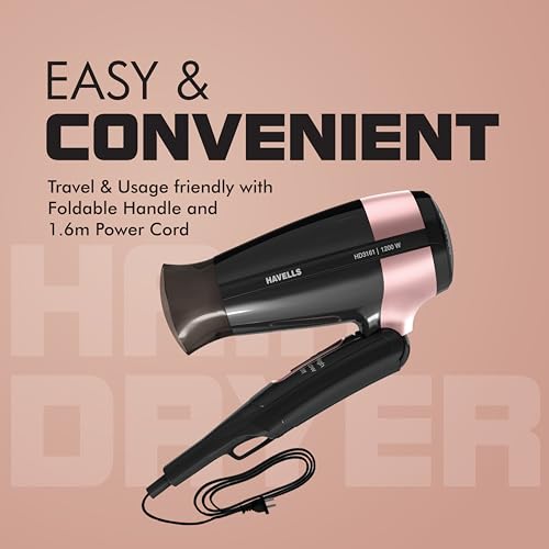 Havells 1200W Foldable Hair Dryer; 3 Heat Settings With Cool Shot (Hot/Cool/Warm),Heat Balance Technology|Cool Black|Your Perfect Blow Dry Companion For Effortless Hair Styling|Hd3161-1200 Watts 6
