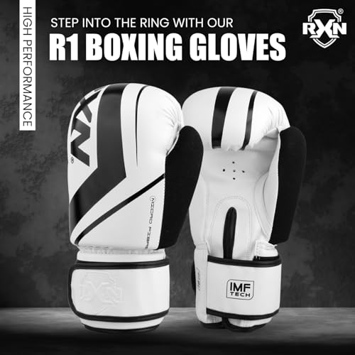 Image of RXN R1 Boxing Gloves with Microfiber Thumb, Premium, High-Performance & Durable for Men, Women & Kids, Training, Kickboxing, Taekwondo, MMA, Muay Thai & Martial Arts (White /Black, 14oz)