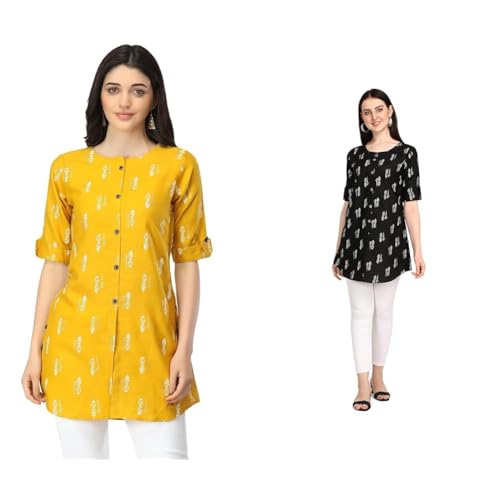 Image of Leriya Fashion Rayon Fabric Printed Round Neck Short Kurtis for Women Top Dresses Kurti for Girls & Ladies Kurtis (Pack of 2)