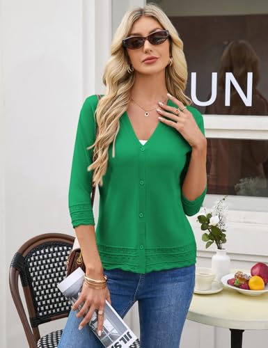 GRACE KARIN Women's Summer Spring Cardigans 3/4 Sleeve Lightweight Cardigan Sweaters Knit V Neck Cute Shrugs(Green,Small) — view 2