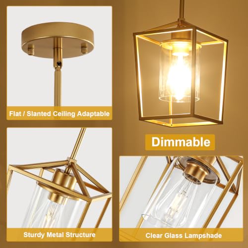 Image of 3 Pack Gold Pendant Lights, Modern Farmhouse Kitchen Pendant Lighting Over Island, Metal Cage Hanging Lights with Clear Glass Shade for Kitchen Island, Dining Room, Entryway, Hallway