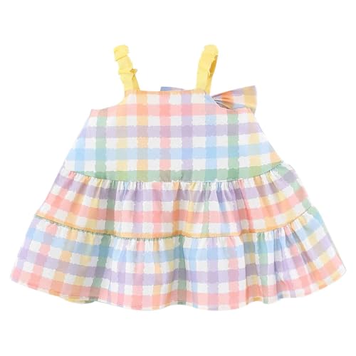 Toddler Girls Sleeveless Dress Color Block Plaid Sundress Cute Bow Spaghetti Straps Tiered Ruffle Dresses 6M-4Y4