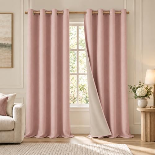 HOMEIDEAS 100% Blackout Blush Pink Faux Linen 52'' X 108'' Curtain 2 Panels