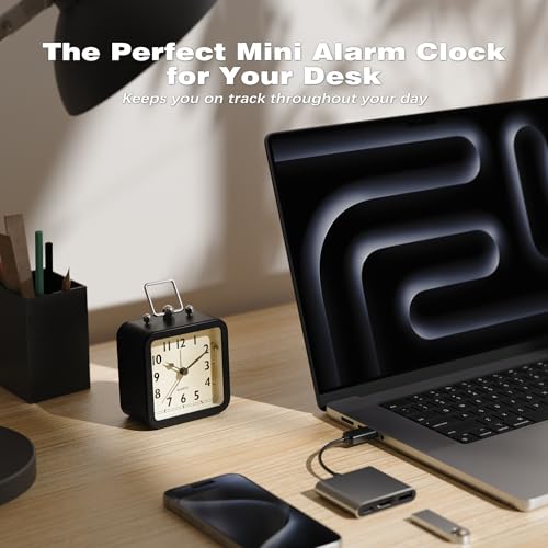 Image of AYRELY Small Metal Alarm Clock, Desk and Table Clock for Travel | Battery Operated Retro Silent Clock with Light for Bedroom, Bedside, Shelf and Living Room Decor (Matte Black)