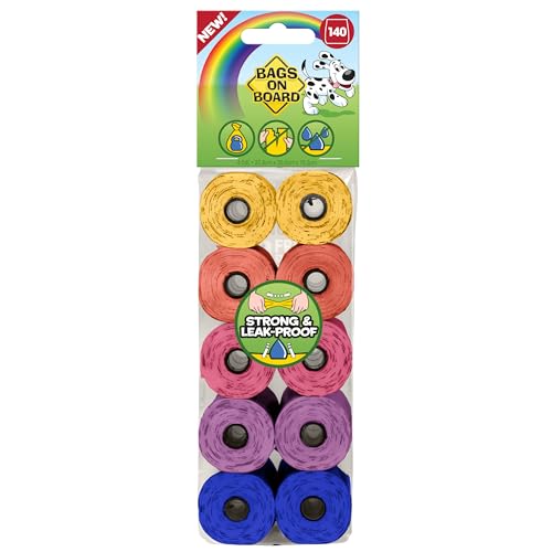 Bags On Board Sacchetti per cacca per cani | Borse per rifiuti per cani forti e a prova di perdite | 140 sacchetti arcobaleno