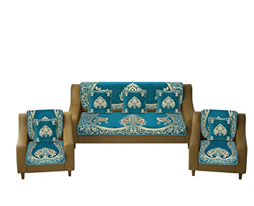Image of Velvet Sofa Cover with Cushion Covers Set of 5 Seater - Premium Sofa Covers 3 Seater and 2 Seater Full Cover Set for Couch Seat - Heavy Fabric Sofa Slip Back Protector, 2701 Aqua