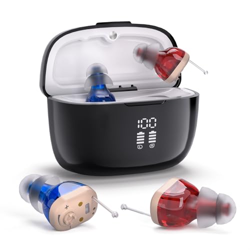 Dispositivos de sonido recargable con caja de carga- Encendido/apagado automático, volumen ajustable, diseño discreto, energía durante todo el día