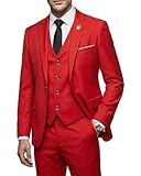 MY'S Men's 3 Piece Suit Set with Tie, One Button Slim Fit Jacket Vest & Pants, Party Wedding Prom Blazer Waistcoat & Trousers, Red X-Small