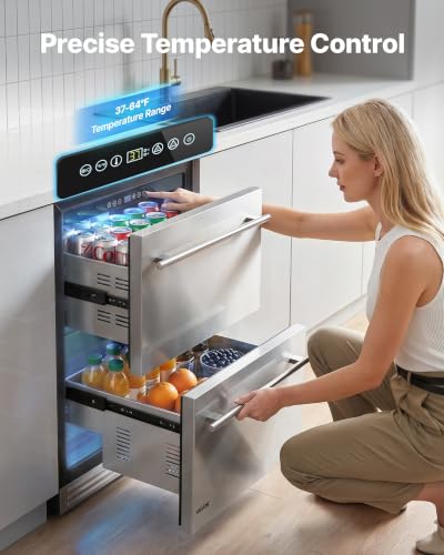 Image of VEVOR Drawer Refrigerator, 24 in Undercounter Beverage Fridge, Large Capacity, Drink Cooler with 304 Stainless Steel Drawers, Temp Control, Powerful Compressor, for Kitchen, Office & Game Room