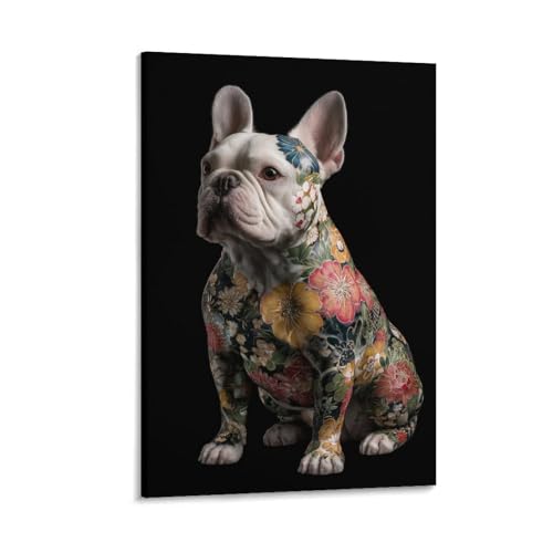 Cuadro mural de bulldog francés con tatuajes florales en lienzo de 30x45 cm para salón