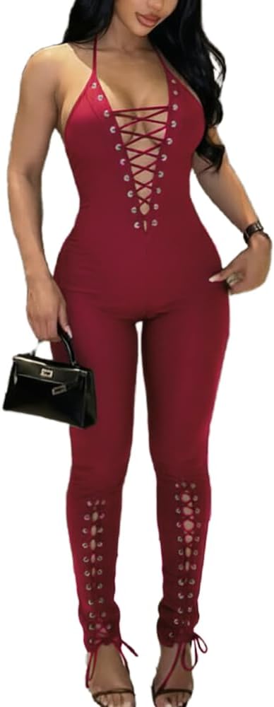 Sexy Hollow Out Jumpsuit For Women sleeveless Halter V Neck Tie Up One Piece Set Street Club Date Night Going Out Set