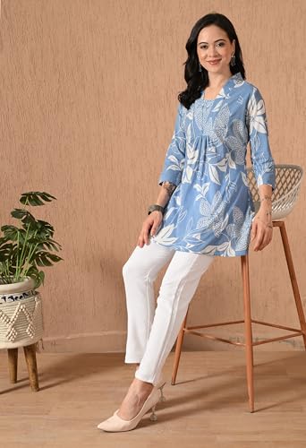 Image of Amazon Brand - Tavasya Women Ethnic Printed V-Neck Cotton Short A-line Kurta | Stylish Casual Everyday Office Top | 3 /4th Sleeve | Regular Fit