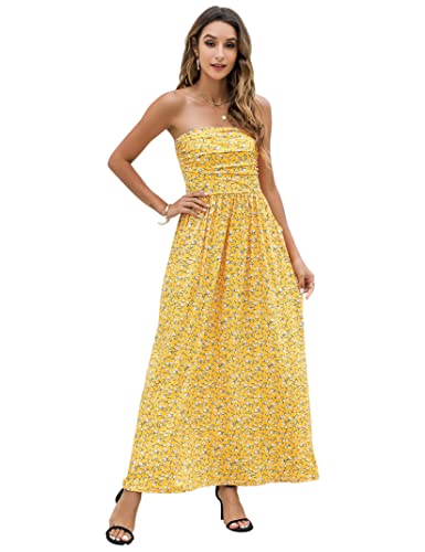 Leadingstar Women 2022 Summer Strapless Boho Ditsy Floral Tube Top Hawaiian Sundresses Beach Party Long Maxi Dress