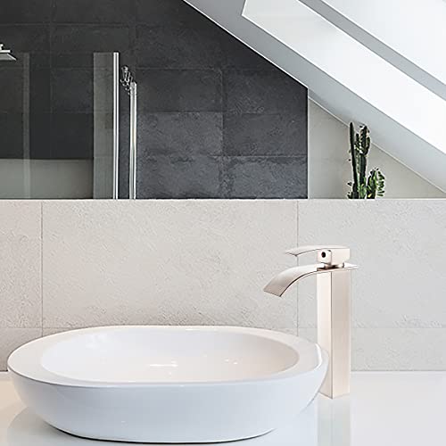 Voton Tall Bathroom Vessel Faucet Brushed Nickel Faucet For Bathroom Sink Waterfall Bathroom Faucet Single Handle One Hole Vanity Sink Faucet With Pop-Up Drain #TOP6