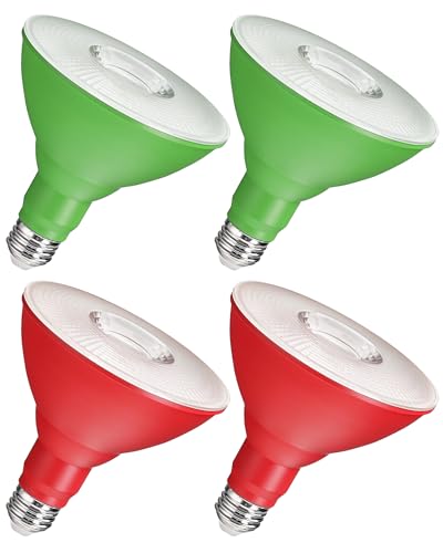 GOEBLESON 4-Set PAR38 LED Floodlights, Red and Green LED Bulbs, 18W Dimmable (120W Equiv.), E26 Base, Festival-Ready for Halloween, Christmas and Creative Parties, RJ04R3P405