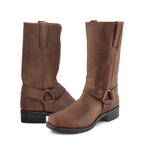 Frye Harness 12R Boots for Men with Oiled-Leather Upper, Siped Outsole with Stacked Leather Heel, and Nickel & Brass Hardware – 12” Shaft Height, Gaucho - 10 M