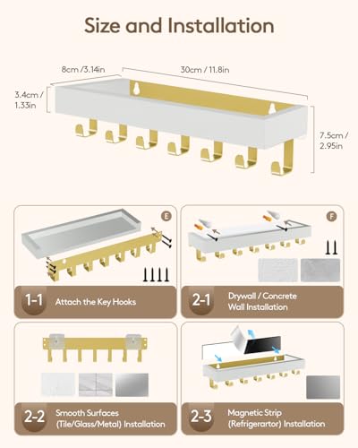 Image of Key Holder Wall Mount Magnetic Adhesive - Key Hooks Rack with shelf | Key Hanger with Mail Organizer for RV Camper Fridge Living Room Decor, Home Essentials, Large Gold White