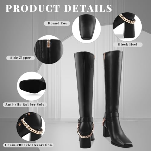 Oh Mispares Knee High Boots Slim Calf Square Toe Chunky Heel Narrow Calves Boots for Women Skinny Legs - Faux Leather Fall Winter Dress Riding Moto Tall 3 Inches Heels Boots for Girls3