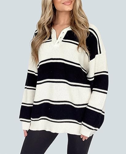 Image of Women Striped Button V Neck Collared Oversized Knitted Long Sleeve Pullover Sweater Tops White
